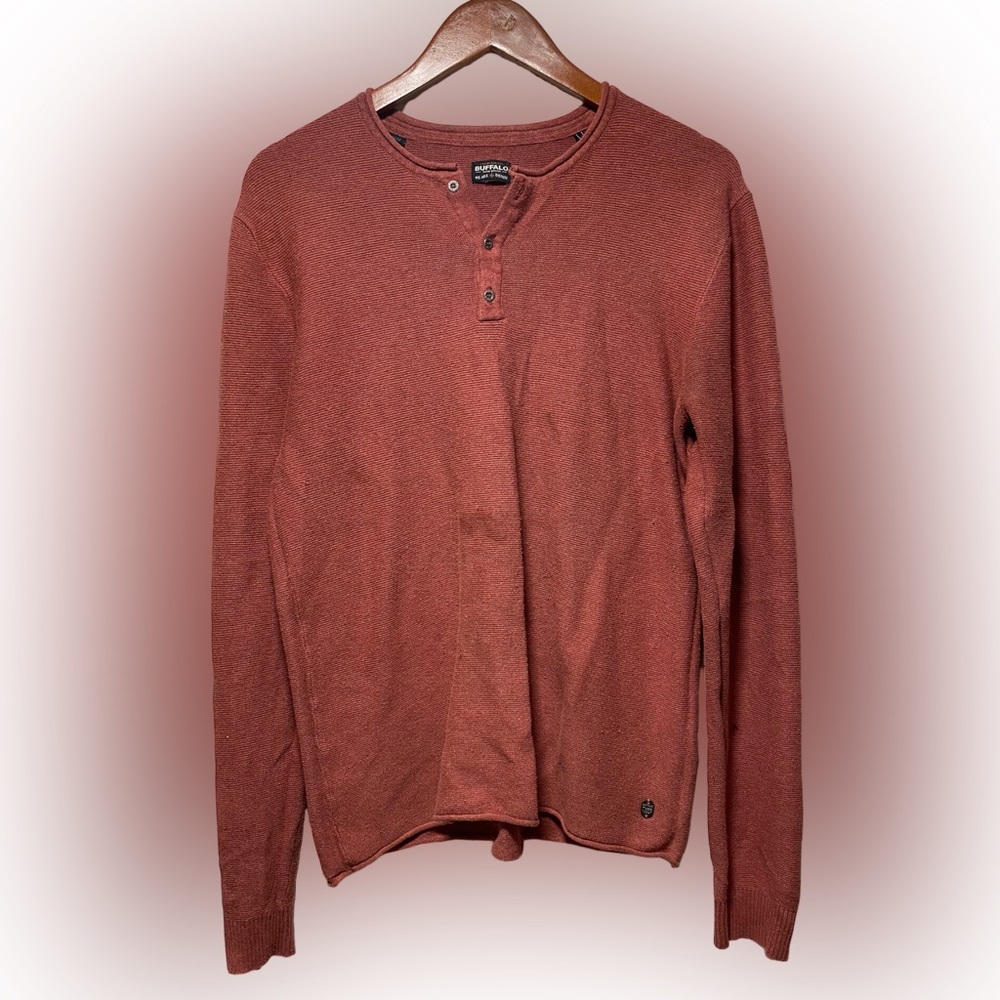 Buffalo By David Bitton Mens Henley Crewneck Sweater Med Long Sleeve Shirt Red